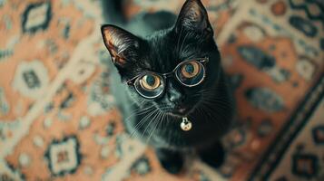 A black cat wearing glasses on a rug photo