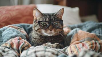 A cat wearing glasses sitting on a bed photo