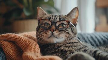 A cat wearing glasses laying on a couch photo