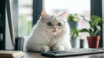 A white cat wearing glasses sitting at a desk photo