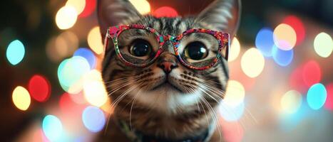 A cat wearing glasses in front of a colorful background photo