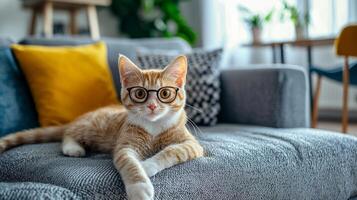 A cat wearing glasses sitting on a couch photo