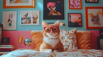 A cat wearing glasses sits on a bed with pictures on the wall photo