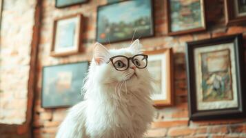 A white cat wearing glasses in front of a wall of pictures photo