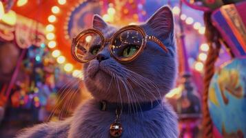 A cat wearing glasses in front of a carnival photo
