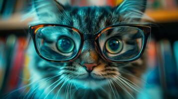 A cat wearing glasses in front of a book shelf photo