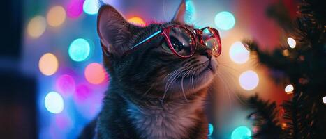 A cat wearing glasses in front of a christmas tree photo