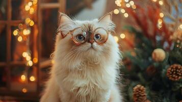 A cat wearing glasses in front of christmas lights photo
