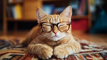 An orange tabby cat wearing glasses photo