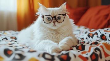 A white cat wearing glasses on a bed photo