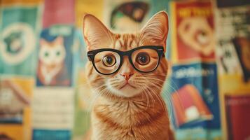 A cat wearing glasses and looking at the camera photo