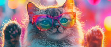 A cat wearing sunglasses and looking up photo