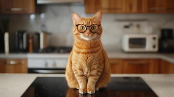 An orange cat wearing glasses on a stove top photo