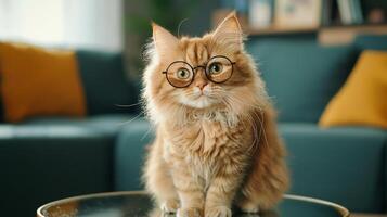 A cat wearing glasses sits on a table photo