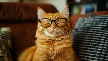 An orange cat wearing glasses on a couch photo