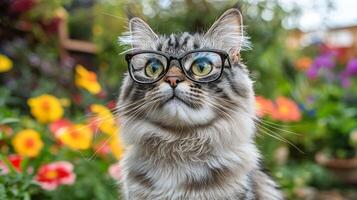 A cat wearing glasses in a garden photo