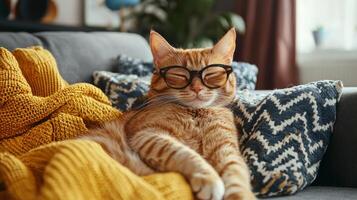 An orange cat wearing glasses and a yellow sweater photo