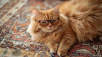 A cat wearing glasses laying on a rug photo