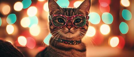 A cat wearing glasses in front of a background of lights photo