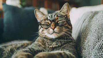 A cat wearing glasses laying on a couch photo
