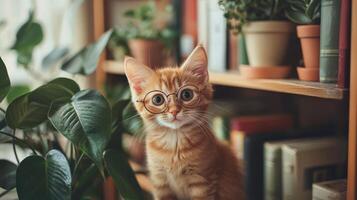 An orange cat wearing glasses sits on a bookshelf photo
