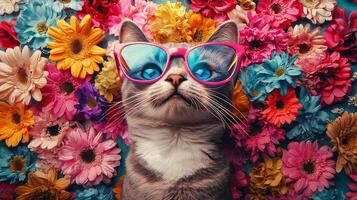 A cat wearing sunglasses in front of a floral background photo