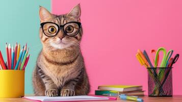A cat wearing glasses sits at a desk with a pencil and a cup of coffee photo