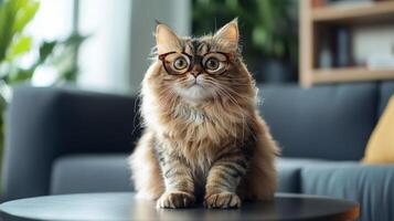 A cat wearing glasses sits on a table photo