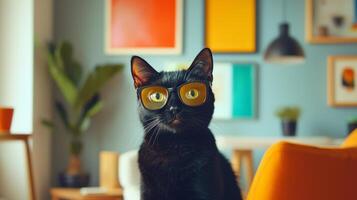 A black cat wearing glasses in a living room photo