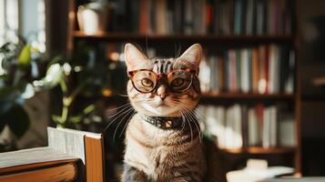 A cat wearing glasses sits on a table in front of a bookcase photo
