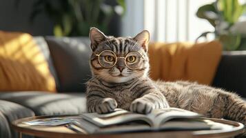 A cat wearing glasses is sitting on a table with a book photo