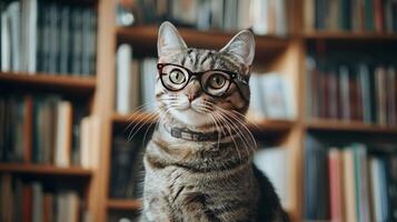 A cat wearing glasses sits in front of a bookcase photo