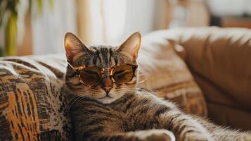A cat wearing sunglasses laying on a couch photo