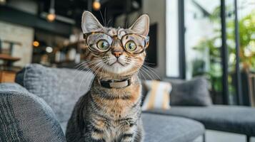 A cat wearing glasses sitting on a couch photo