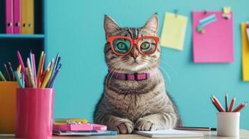 A cat wearing glasses sits at a desk with a notebook and pens photo