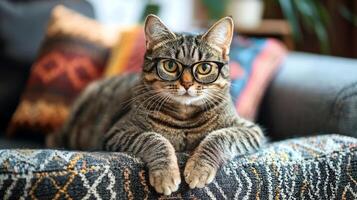A cat wearing glasses sitting on a couch photo