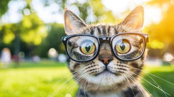 A cat wearing glasses in the park photo