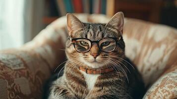 A cat wearing glasses sitting on a couch photo