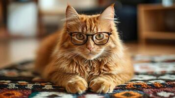 A cat wearing glasses laying on a rug photo