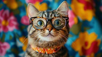 A cat wearing glasses and a collar photo