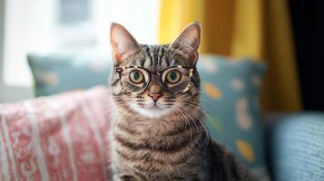A cat wearing glasses sitting on a couch photo