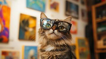 A cat wearing glasses in front of a painting photo