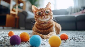 A cat wearing glasses and sitting on the floor with colorful balls photo