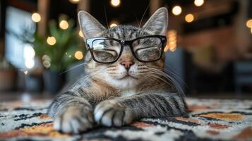 A cat wearing glasses laying on a rug photo