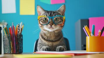A cat wearing glasses sits at a desk with a computer and other supplies photo