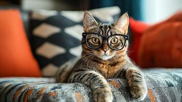 A cat wearing glasses sitting on a couch photo