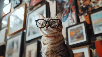 A cat wearing glasses in front of a wall of pictures photo