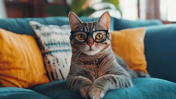 A cat wearing glasses sitting on a couch photo