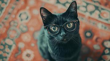 A black cat wearing glasses on a rug photo