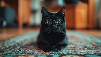 A black cat wearing glasses on a rug photo